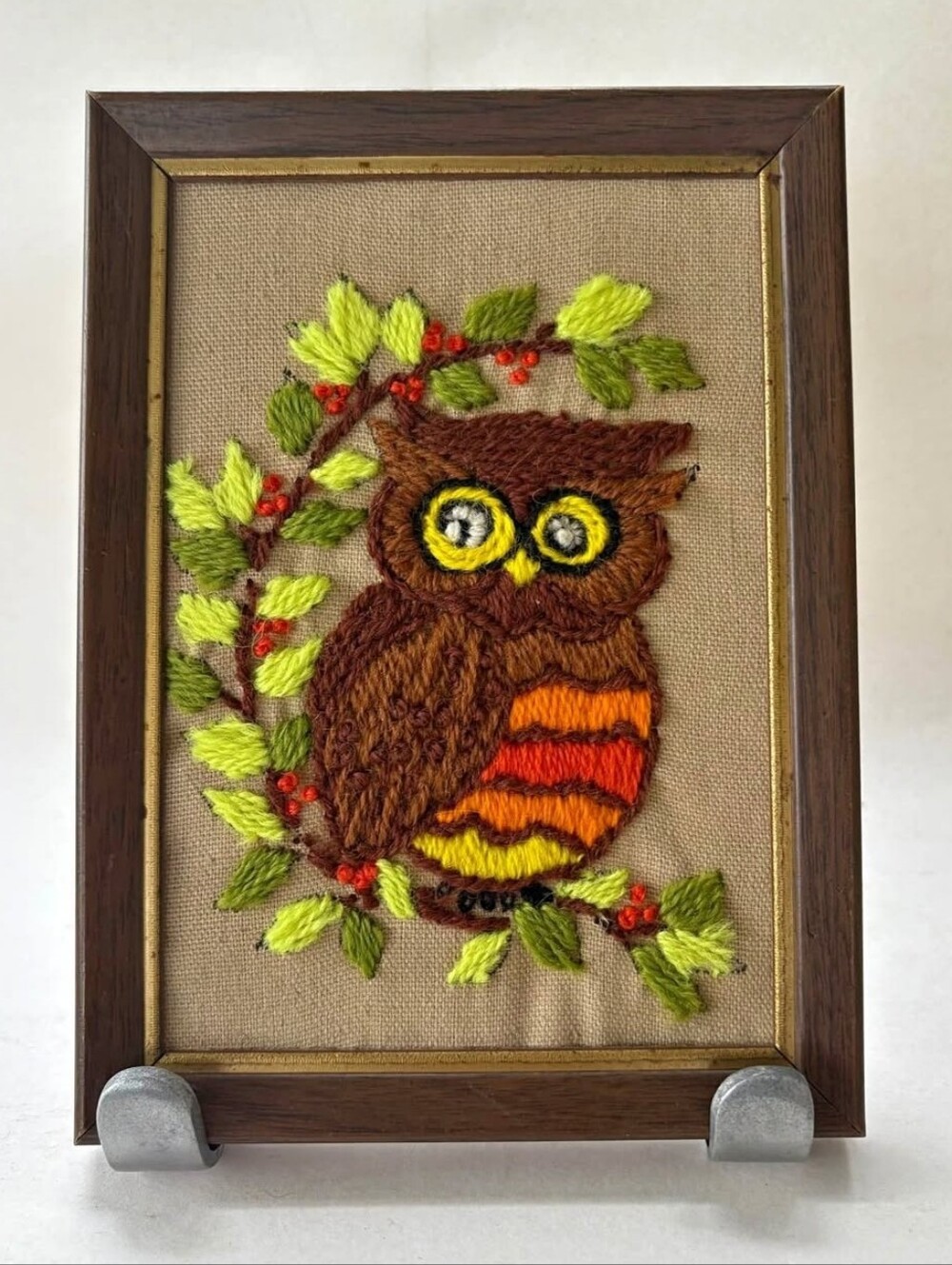 Vintage 1970s Framed Owl Crewel Embroidery Wall Art - Retro Mid Century Boho Woo